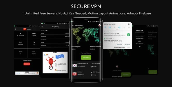 Secure VPN (Unlimted Free Servers + Admob + Motion Layout)